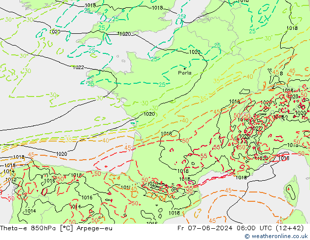 Theta-e 850hPa Arpege-eu Pá 07.06.2024 06 UTC