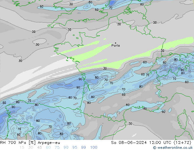 RH 700 hPa Arpege-eu Sa 08.06.2024 12 UTC