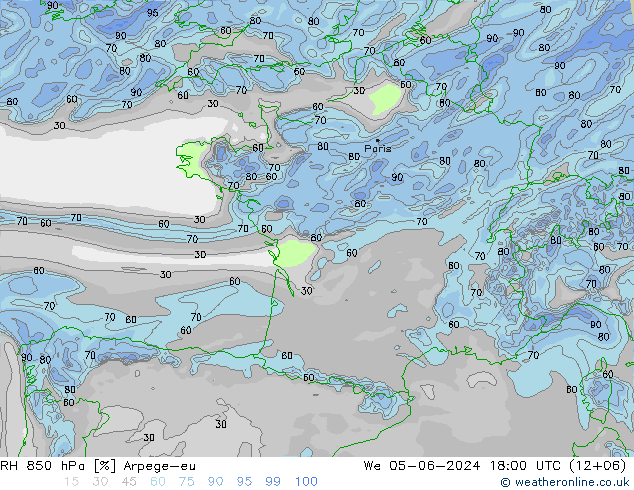 RH 850 hPa Arpege-eu mer 05.06.2024 18 UTC