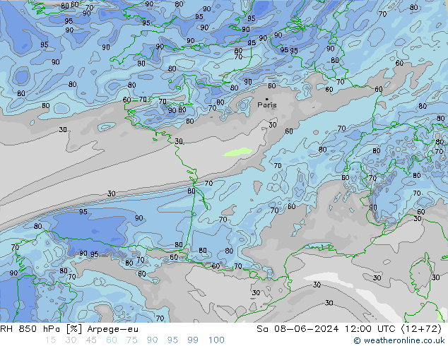 RH 850 гПа Arpege-eu сб 08.06.2024 12 UTC