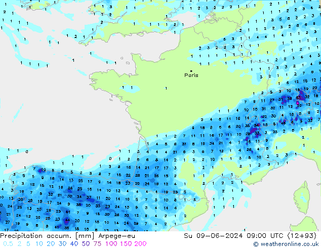 Precipitation accum. Arpege-eu nie. 09.06.2024 09 UTC