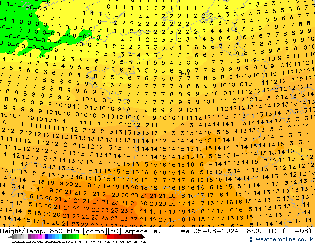 Hoogte/Temp. 850 hPa Arpege-eu wo 05.06.2024 18 UTC