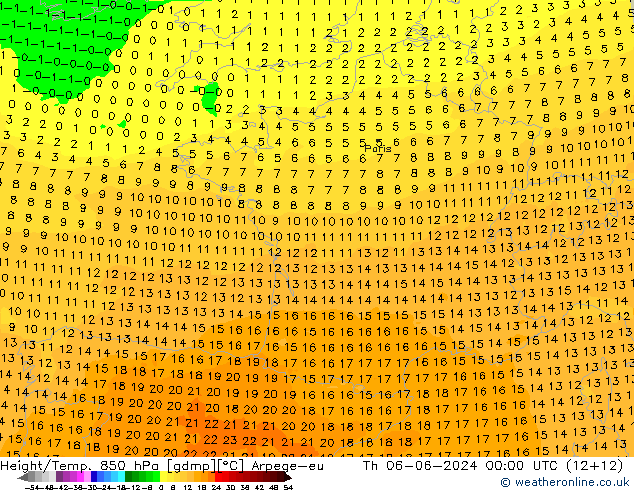 Geop./Temp. 850 hPa Arpege-eu jue 06.06.2024 00 UTC