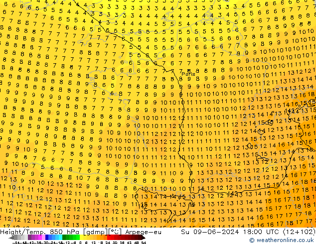 Yükseklik/Sıc. 850 hPa Arpege-eu Paz 09.06.2024 18 UTC