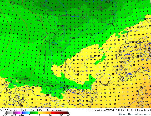 SLP/Temp. 850 hPa Arpege-eu dim 09.06.2024 18 UTC