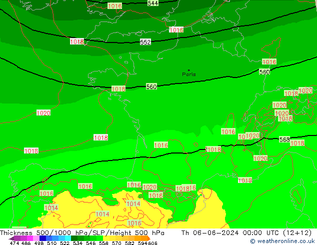 Espesor 500-1000 hPa Arpege-eu jue 06.06.2024 00 UTC