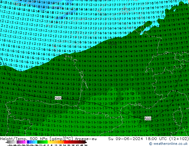 Height/Temp. 500 hPa Arpege-eu Dom 09.06.2024 18 UTC