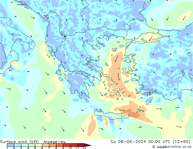 wiatr 10 m (bft) Arpege-eu so. 08.06.2024 00 UTC
