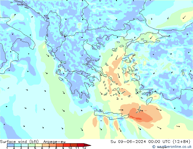 Vento 10 m (bft) Arpege-eu dom 09.06.2024 00 UTC