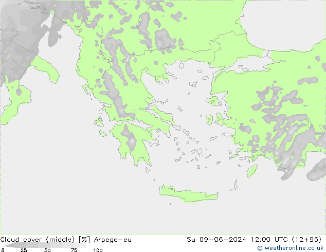 Cloud cover (middle) Arpege-eu Su 09.06.2024 12 UTC