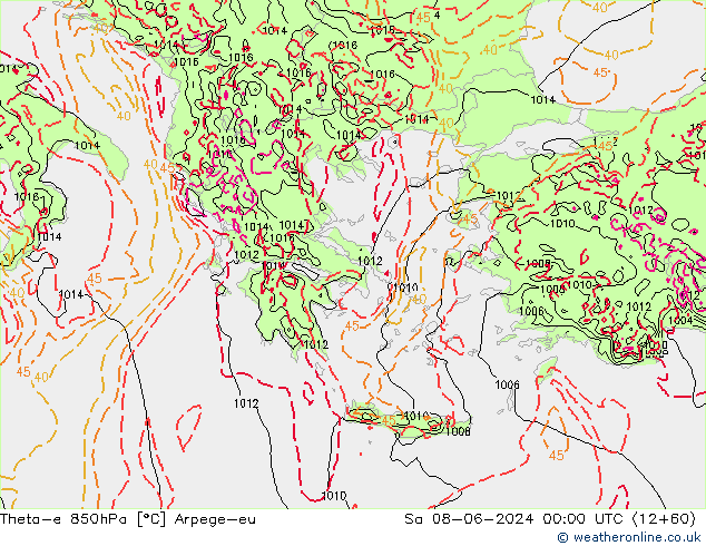 Theta-e 850hPa Arpege-eu sáb 08.06.2024 00 UTC