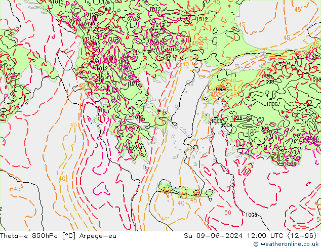 Theta-e 850hPa Arpege-eu Su 09.06.2024 12 UTC