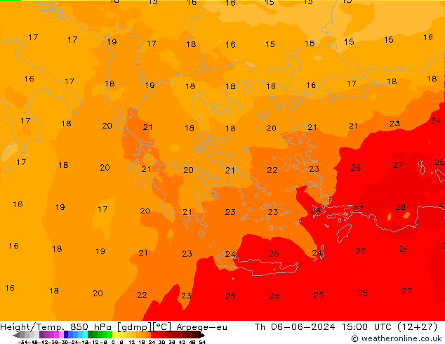 Height/Temp. 850 гПа Arpege-eu чт 06.06.2024 15 UTC