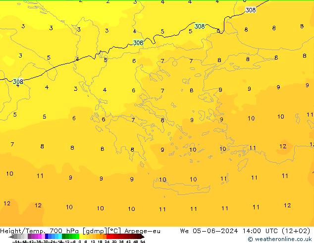 Height/Temp. 700 hPa Arpege-eu śro. 05.06.2024 14 UTC