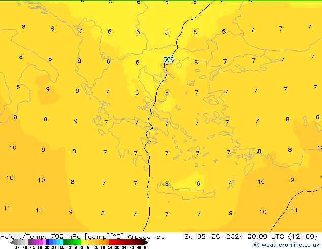 Height/Temp. 700 hPa Arpege-eu sab 08.06.2024 00 UTC