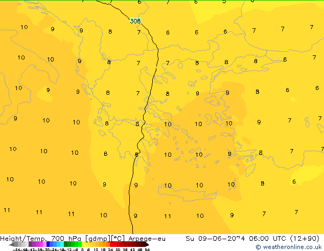 Géop./Temp. 700 hPa Arpege-eu dim 09.06.2024 06 UTC