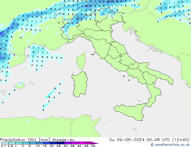 Précipitation (6h) Arpege-eu dim 09.06.2024 06 UTC