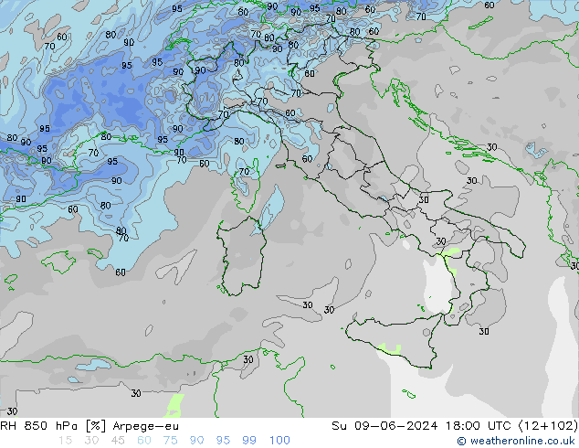 RH 850 гПа Arpege-eu Вс 09.06.2024 18 UTC