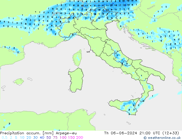 Precipitation accum. Arpege-eu Th 06.06.2024 21 UTC