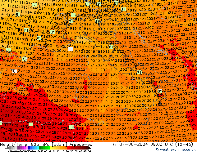 Height/Temp. 925 hPa Arpege-eu Fr 07.06.2024 09 UTC