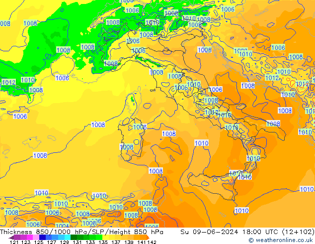 Thck 850-1000 гПа Arpege-eu Вс 09.06.2024 18 UTC