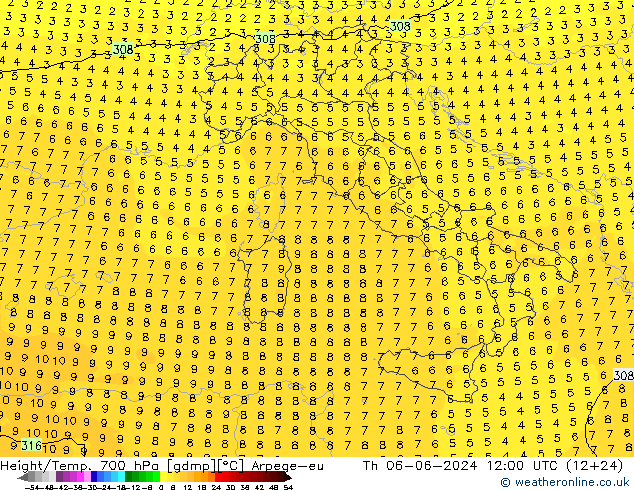 Height/Temp. 700 hPa Arpege-eu Qui 06.06.2024 12 UTC