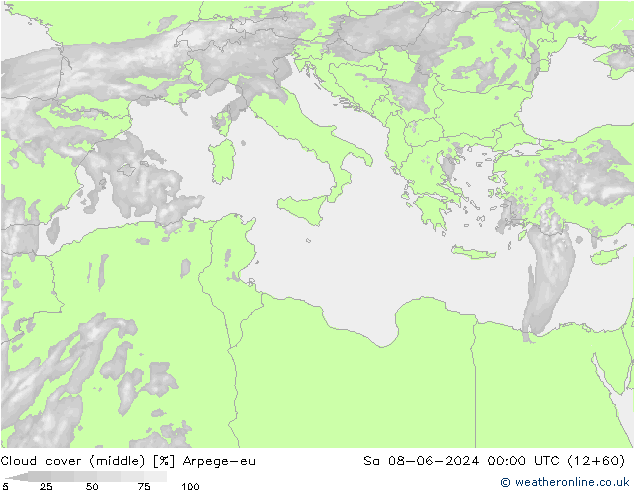 Cloud cover (middle) Arpege-eu Sa 08.06.2024 00 UTC