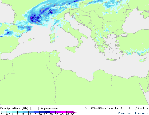 Totale neerslag (6h) Arpege-eu zo 09.06.2024 18 UTC