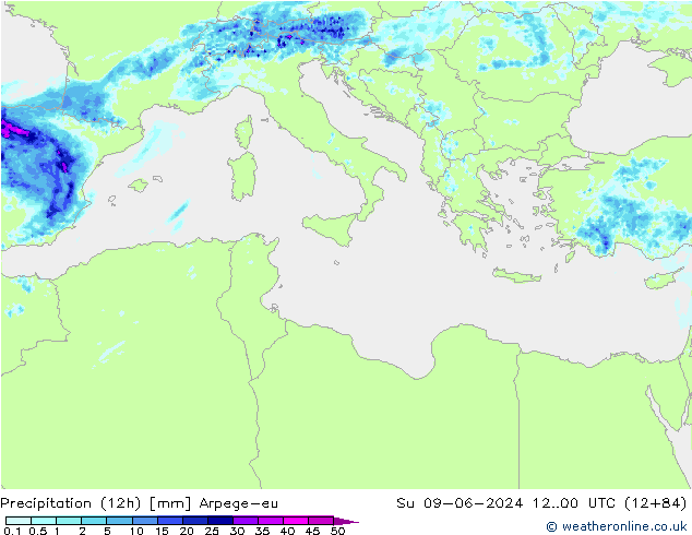 Precipitação (12h) Arpege-eu Dom 09.06.2024 00 UTC