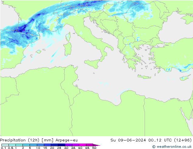 Precipitação (12h) Arpege-eu Dom 09.06.2024 12 UTC