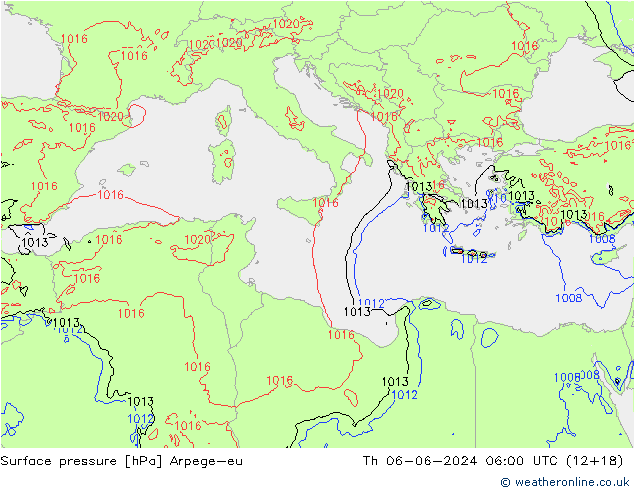 Pressione al suolo Arpege-eu gio 06.06.2024 06 UTC