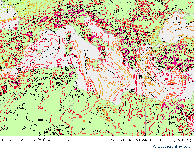 Theta-e 850hPa Arpege-eu Cts 08.06.2024 18 UTC