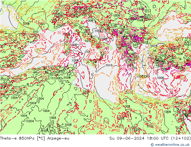 Theta-e 850гПа Arpege-eu Вс 09.06.2024 18 UTC