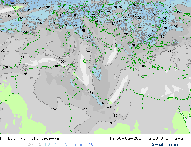 RH 850 hPa Arpege-eu Čt 06.06.2024 12 UTC