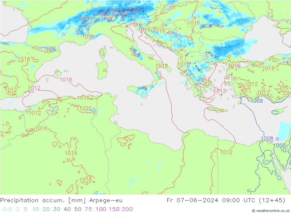 Precipitation accum. Arpege-eu Fr 07.06.2024 09 UTC