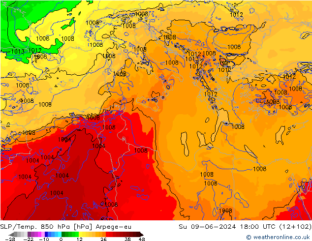 SLP/Temp. 850 hPa Arpege-eu Su 09.06.2024 18 UTC