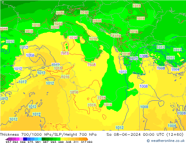 Thck 700-1000 гПа Arpege-eu сб 08.06.2024 00 UTC