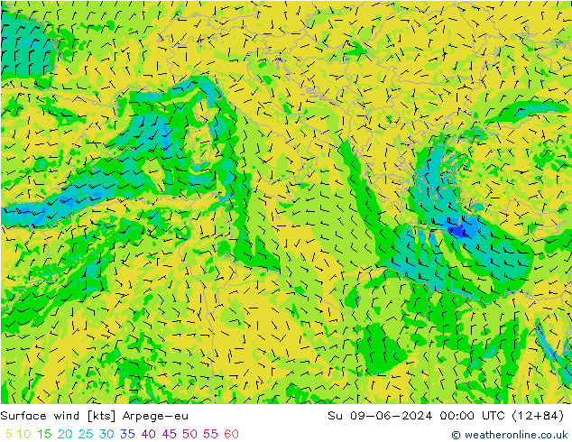 Vento 10 m Arpege-eu Dom 09.06.2024 00 UTC