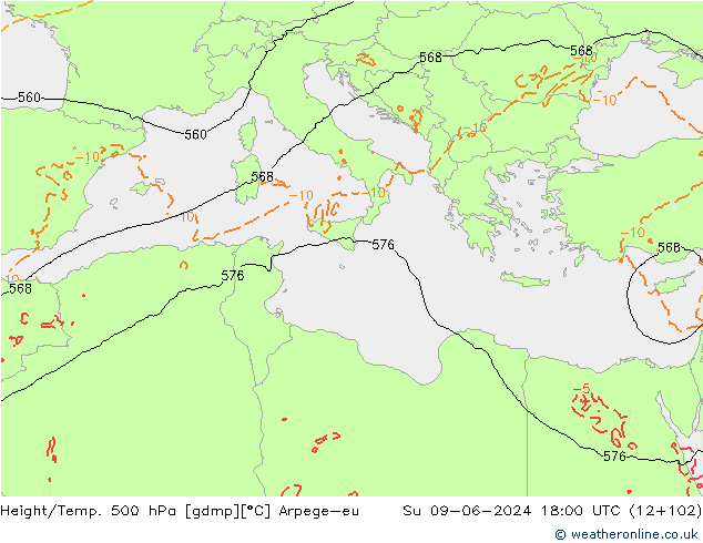 Hoogte/Temp. 500 hPa Arpege-eu zo 09.06.2024 18 UTC