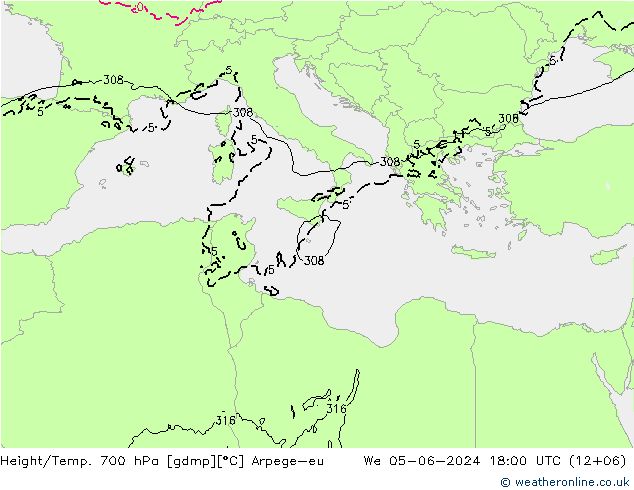 Height/Temp. 700 гПа Arpege-eu ср 05.06.2024 18 UTC