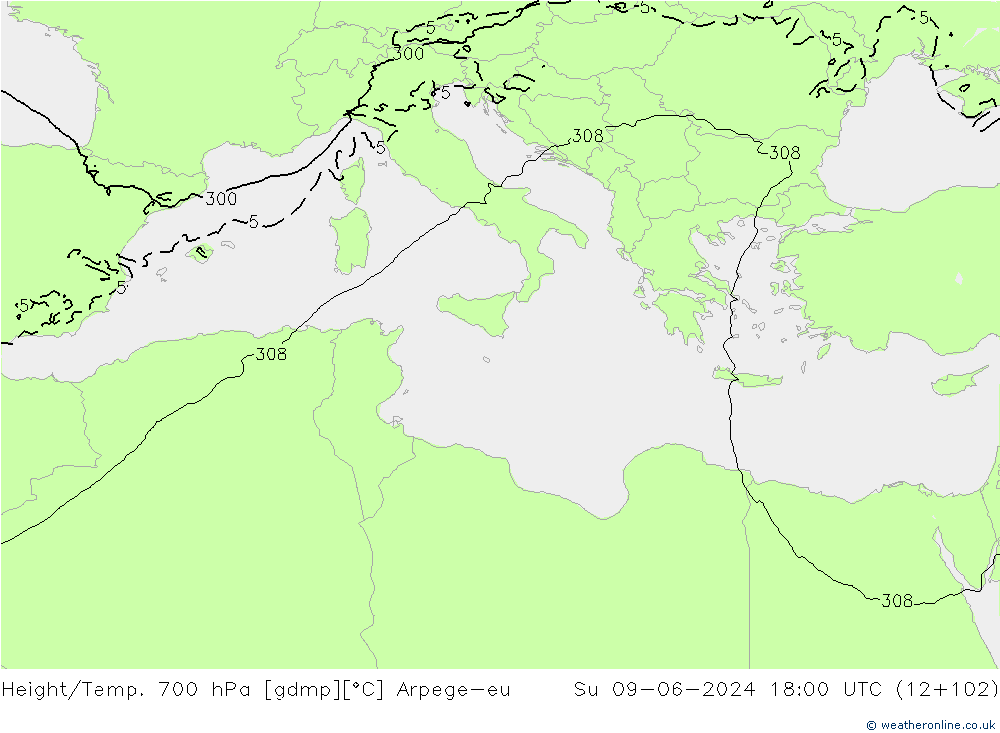 Geop./Temp. 700 hPa Arpege-eu dom 09.06.2024 18 UTC