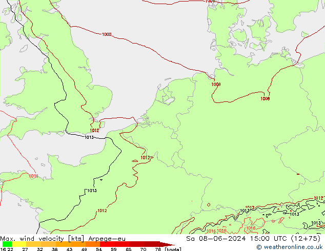 Max. wind velocity Arpege-eu  08.06.2024 15 UTC