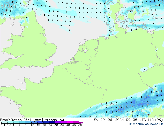 Totale neerslag (6h) Arpege-eu zo 09.06.2024 06 UTC