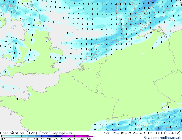 осадки (12h) Arpege-eu сб 08.06.2024 12 UTC