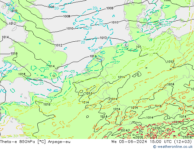 Theta-e 850hPa Arpege-eu mer 05.06.2024 15 UTC