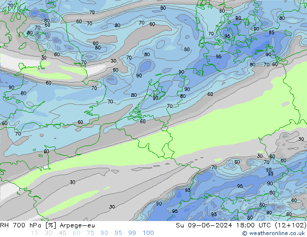 RH 700 hPa Arpege-eu Dom 09.06.2024 18 UTC