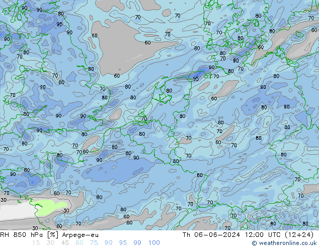 RH 850 hPa Arpege-eu Čt 06.06.2024 12 UTC