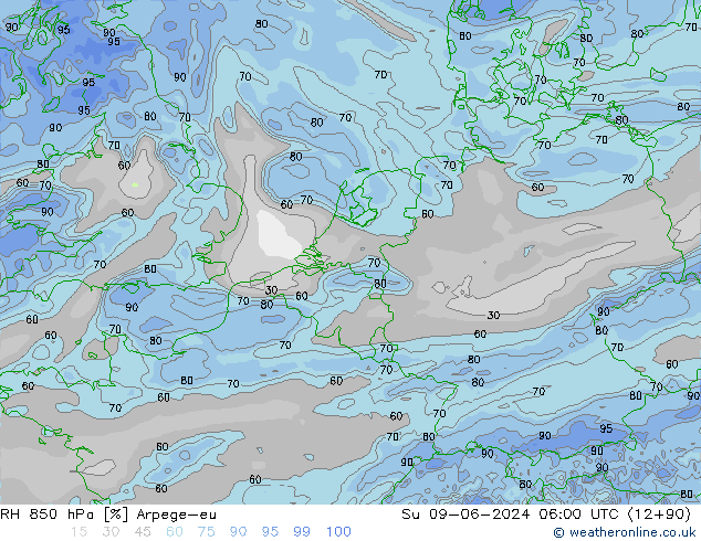 RH 850 hPa Arpege-eu nie. 09.06.2024 06 UTC