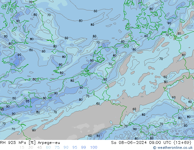 RH 925 hPa Arpege-eu Sa 08.06.2024 09 UTC