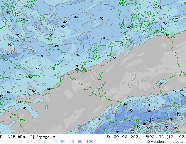 RH 925 hPa Arpege-eu dom 09.06.2024 18 UTC